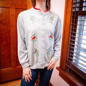 Vintage 80s 90s Embroidered Bird Sweater Cottagecore Grandmacore Folk Art Artist